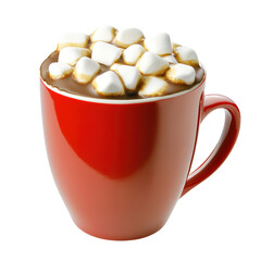 A cozy cup of hot chocolate steaming gently on a wooden surface surrounded by marshmallows and cocoa powder isolated on transparent background..