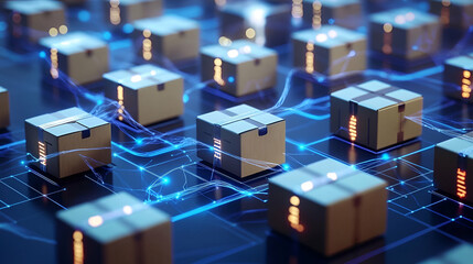 Network of Glowing Cardboard Boxes on a Circuit Board