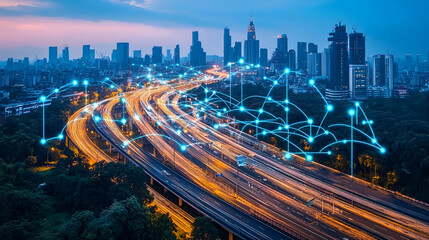 Obraz premium Night City Highway with Network Connections