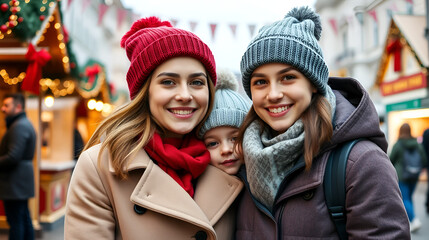Outdoor photo of young beautiful happy family, posing in street. Festive Christmas fair on background. Mother and son wearing stylish winter coat, knitted beanie hat. Happiness to be a parent.