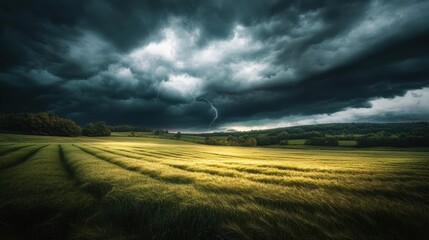 Dramatic Storm Clouds Over a Golden Field at Dusk with Dark Skies