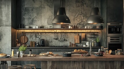 Industrial-style kitchen wall lamp above well-used wooden prep table