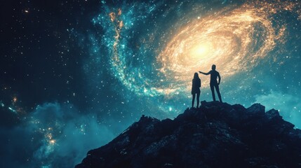 Fototapeta premium A couple stands on a mountain under a swirling galaxy in space. They gaze in wonder at the cosmic beauty above them.