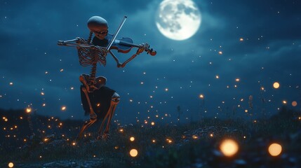 A skeletal musician plays violin under a full moon.