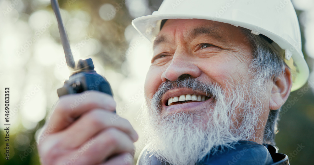 Leinwandbilder building, radio and smile with developer man outdoor on excavation site as construction worker. comm