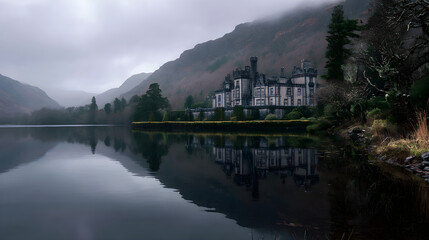 Fototapeta premium Castle with gothic architecture reflected in moody lake water