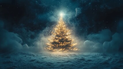 Holiday tree glows in snowy landscape beneath starry night sky