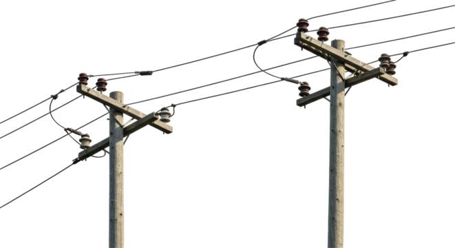 Isolated Wooden Utility Poles with Power Lines Overhead