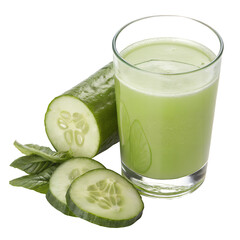 Cucumber Delight: A vibrant and refreshing glass of cucumber juice sits alongside a fresh, sliced cucumber and verdant basil leaves, offering a visual feast of health and freshness.