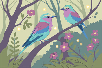 31 two beautiful magical fairy-like birds perched on a branch, detailed and colorful digital art, fantasy, whimsical, captivating, highly detailed, 8k, cinematic lighting, vibrant colors