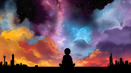Child silhouette under colorful cosmic sky above a futuristic cityscape