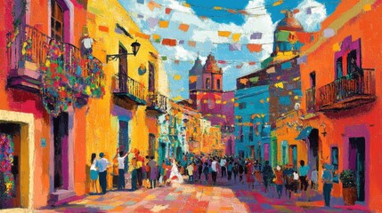 Fototapeta premium A colorful city bursting with decorations, people celebrating and walking the streets