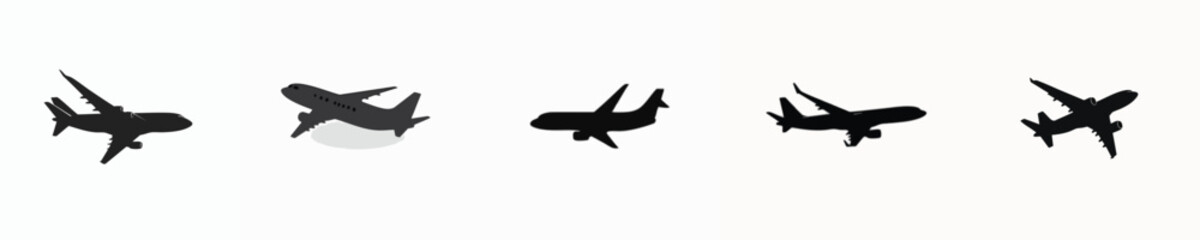 Collection of Commercial Airplane Silhouettes Isolated on White Background – Aviation and Travel Concept