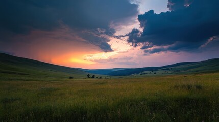 Obraz premium Golden sunset over a tranquil green meadow with dark clouds forming above the horizon in the evening sky