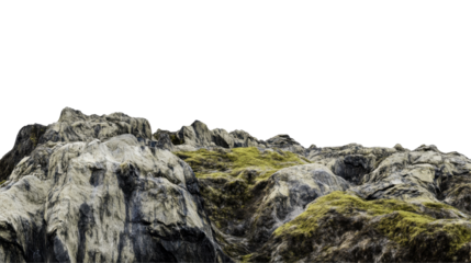 Rugged Natural Rock Formation with Green Moss on Surface Against a Transparent Background