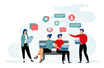 Remote work concept. Men and women with laptops at remote work online business communication.