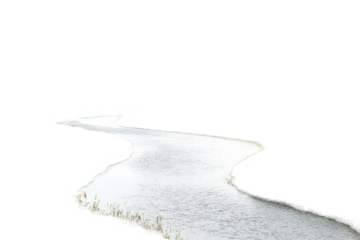 River flowing through yellow and green grass field in clear png image isolated on white background