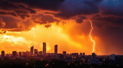 Obraz premium Dramatic Lightning Strikes Over a City During a Sunset, Illuminating the Stormy Sky