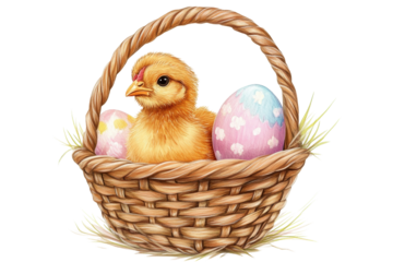 High quality Easter chicken in basket illustration in clear png format isolated on white background