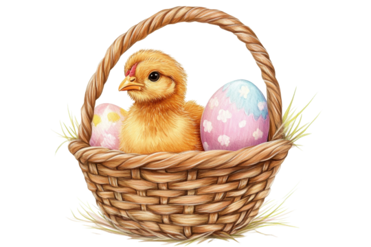 High quality Easter chicken in basket illustration in clear png format isolated on white background