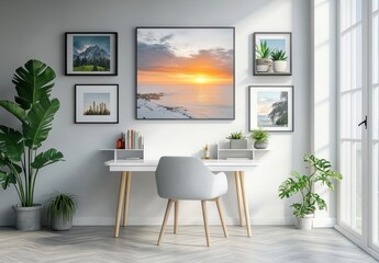 Serene Sunrise Coastal Scene Artwork in Modern Home Office
