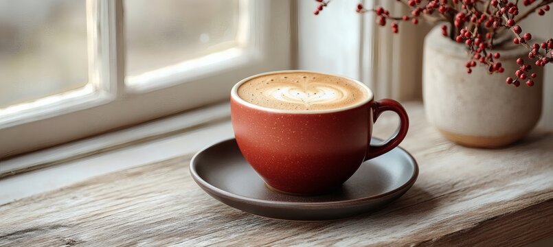 Tasteful beverage presentation with maroon coffee cup and foam on matte saucer in soft lighting and cozy ambiance
