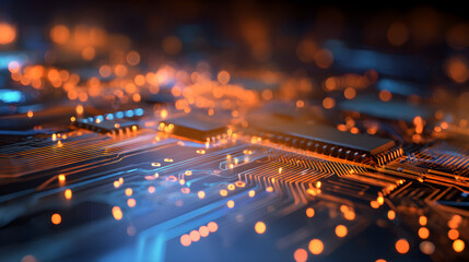 Obraz premium Close-up of glowing circuit board texture in orange and blue hues with depth