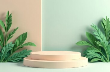 Product banner, podium platform with geometric shapes and green leaves on light green pink background