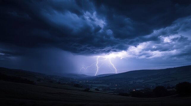 A dramatic thunderstorm lights up the dark sky with bright lightning and ominous clouds over rolling hills at dusk.