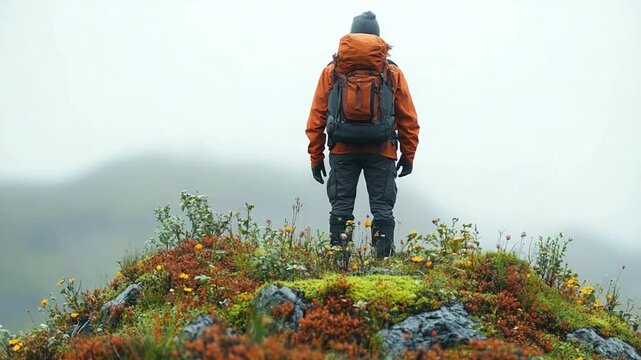 Hiker's Journey of Discovery: A lone hiker stands atop a rugged, windswept peak, his gaze fixed on the expansive panorama before him, embodying adventure and exploration.