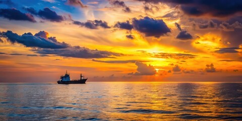 A lone ship sails across a serene Madras horizon at sunset , landscape, sky,  landscape, sky, sailboat, sun, voyage, water