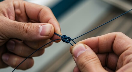 Close-up of Hands Tying a Knot in Dark Blue Cord