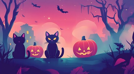 Halloween Cats  Pumpkins Night.