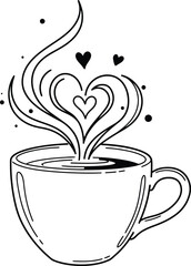 Monoline Coffee Cup with Swirling Heart Steam