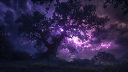 Naklejka premium Mysterious Tree Under Stormy Sky: A Beautiful Dark Scene with Glowing Lightning