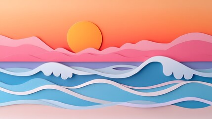 Sunset Ocean Waves Paper Art.