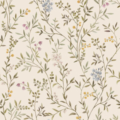 Seamless pattern with tree branches and leaves for surface design and other design projects. modern trend drawing in line art style. Delicate small leaves in watercolor style