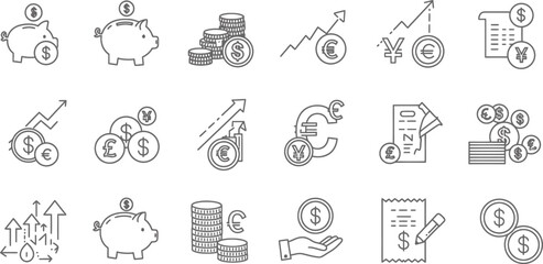 Monoline Finance Icons: Piggy Bank, Coins, Arrow, Currency