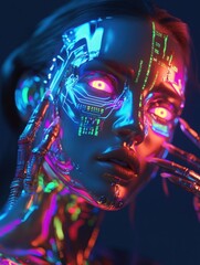 A cybernetic portrait of a woman with chrome-plated skin, neon-lit tattoos, and glowing neural implants 