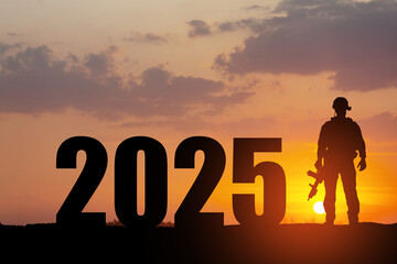 Silhouette of soldier and 2025 against the sunrise or sunset. Armed forces. Concept of military conflicts in 2025.
