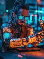 A cyberpunk hacker with neon-lit cybernetic arms, holographic projections, and glowing tattoos 