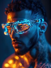 A cyberpunk portrait of a man with augmented reality lenses, a chrome-plated body, and glowing tattoos 