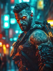 A cyberpunk warrior with neon tattoos, glowing eyes, and a mechanical arm in a dystopian cityscape 