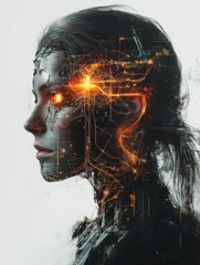 A cyberpunk woman with a metallic face, augmented body, and glowing neural pathways 
