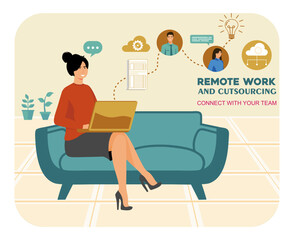 Remote Work Collaboration with Woman working from home and connecting with her laptop.