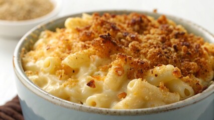 Macaroni and Cheese Served in Bowl with Melted Crispy Golden Cheese Crust