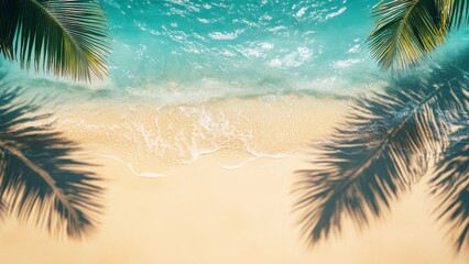 Tropical Sandy Shoreline with Palm Fronds and Turquoise Water