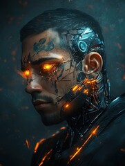 A cyborg portrait of a man with glowing tattoos, mechanical eyes, and advanced cybernetic implants 