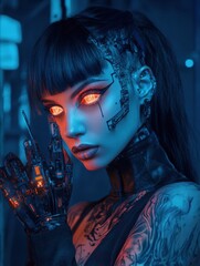 A cyborg portrait of a woman with neon-lit tattoos, glowing cybernetic eye, and mechanical fingers 