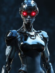 A cyborg woman with a cybernetic brain interface, glowing red eyes, and sleek, shiny body armor 